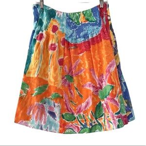 Ralph Lauren petite floral rainbow watercolor pleated midi skirt side zip 8P
